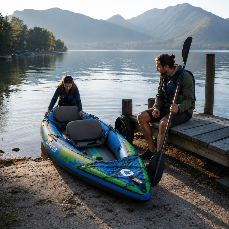 Kayak gonflable Duo bleu 2 places au bord d'un lac – Nautiya