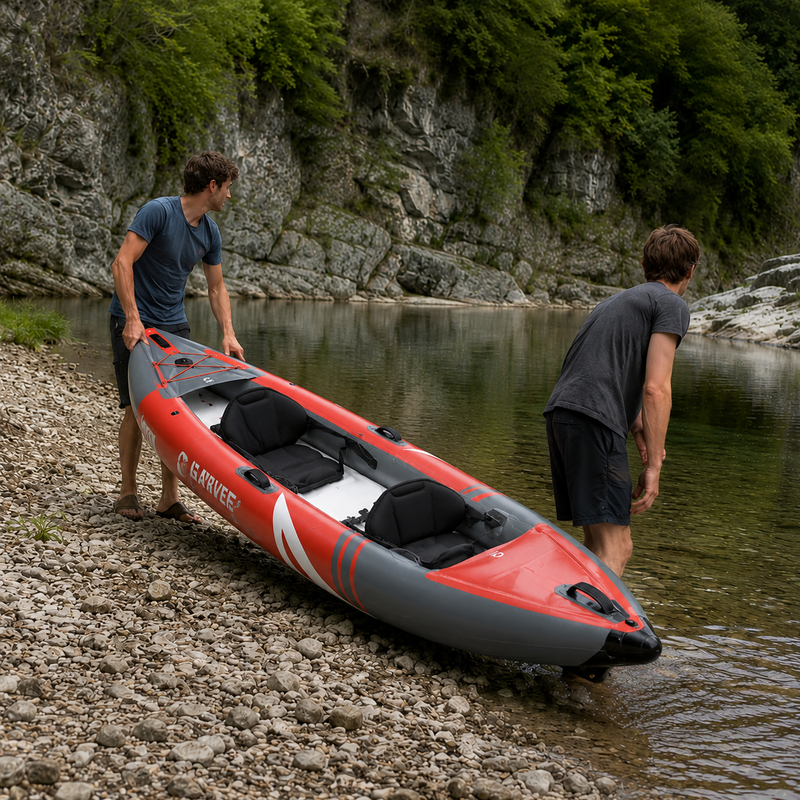 Kayak gonflable Duo rouge 2 places sur un lac – Nautiya
