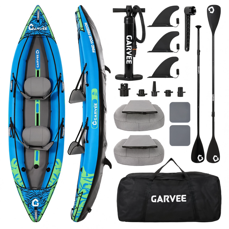 Pack kayak gonflable Duo bleu 2 places : 2 pagaies, 2 sièges, pompe, sac – Nautiya