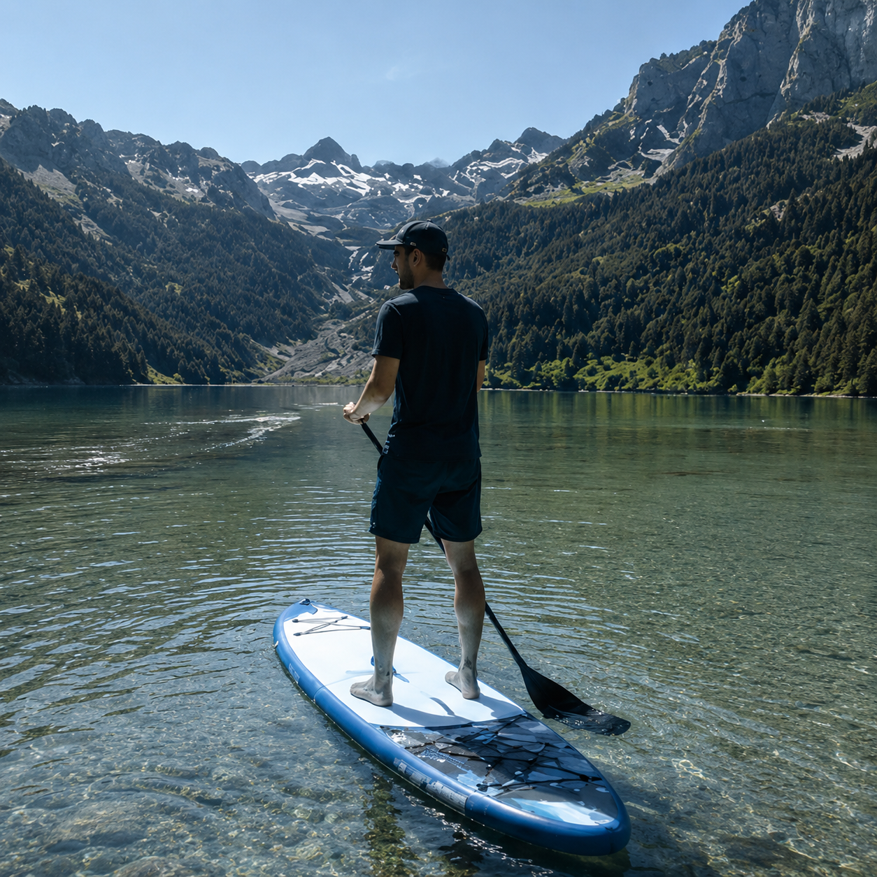Paddle gonflable Nautiya Marina bleu, sur un lac