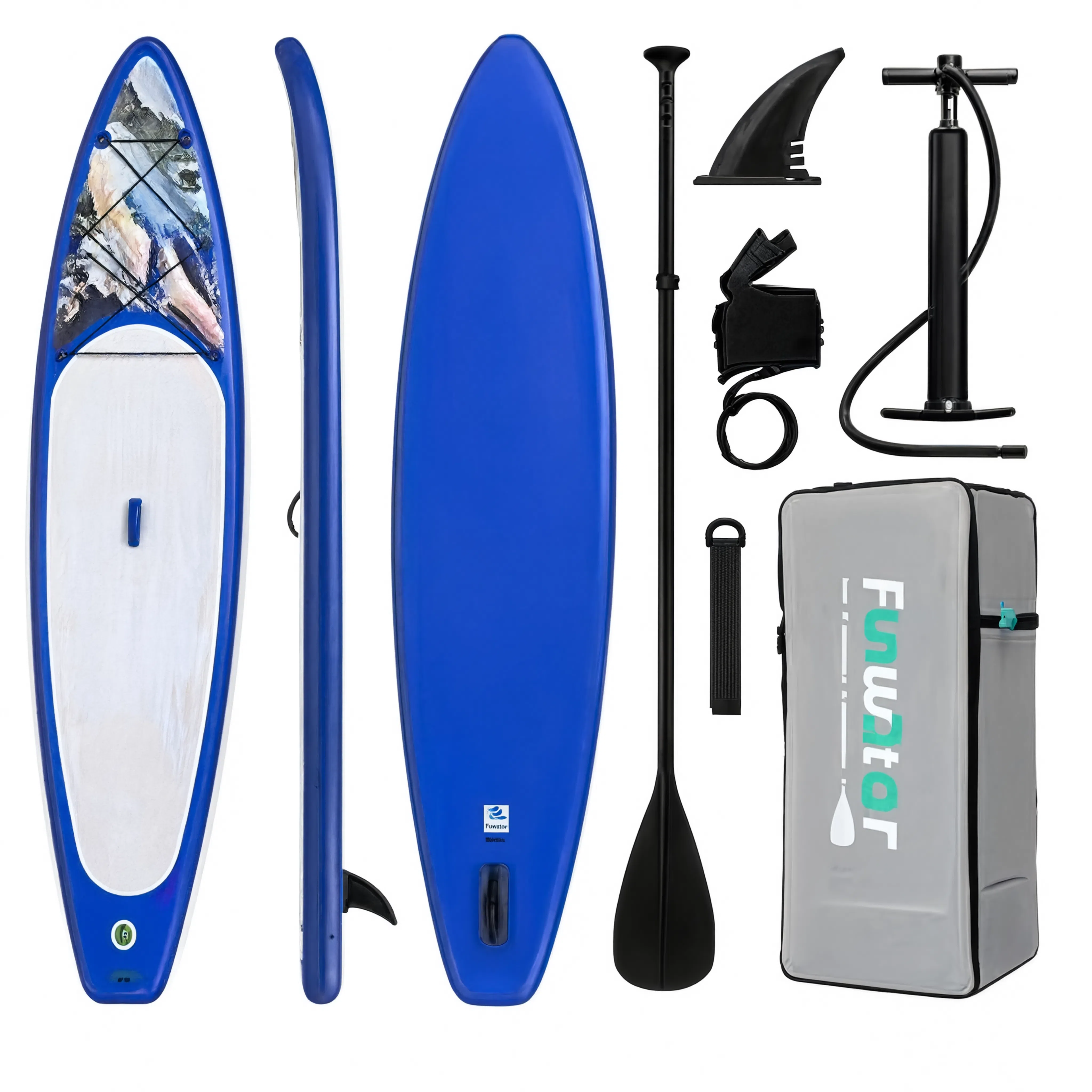 Pack paddle gonflable Nautiya Marina bleu : planche, pagaie, pompe, leash, sac
