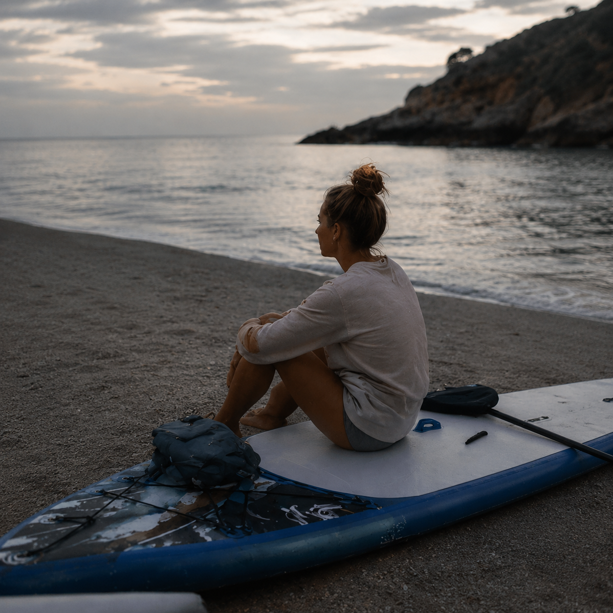 Paddle gonflable Nautiya Marina bleu, sur la plage