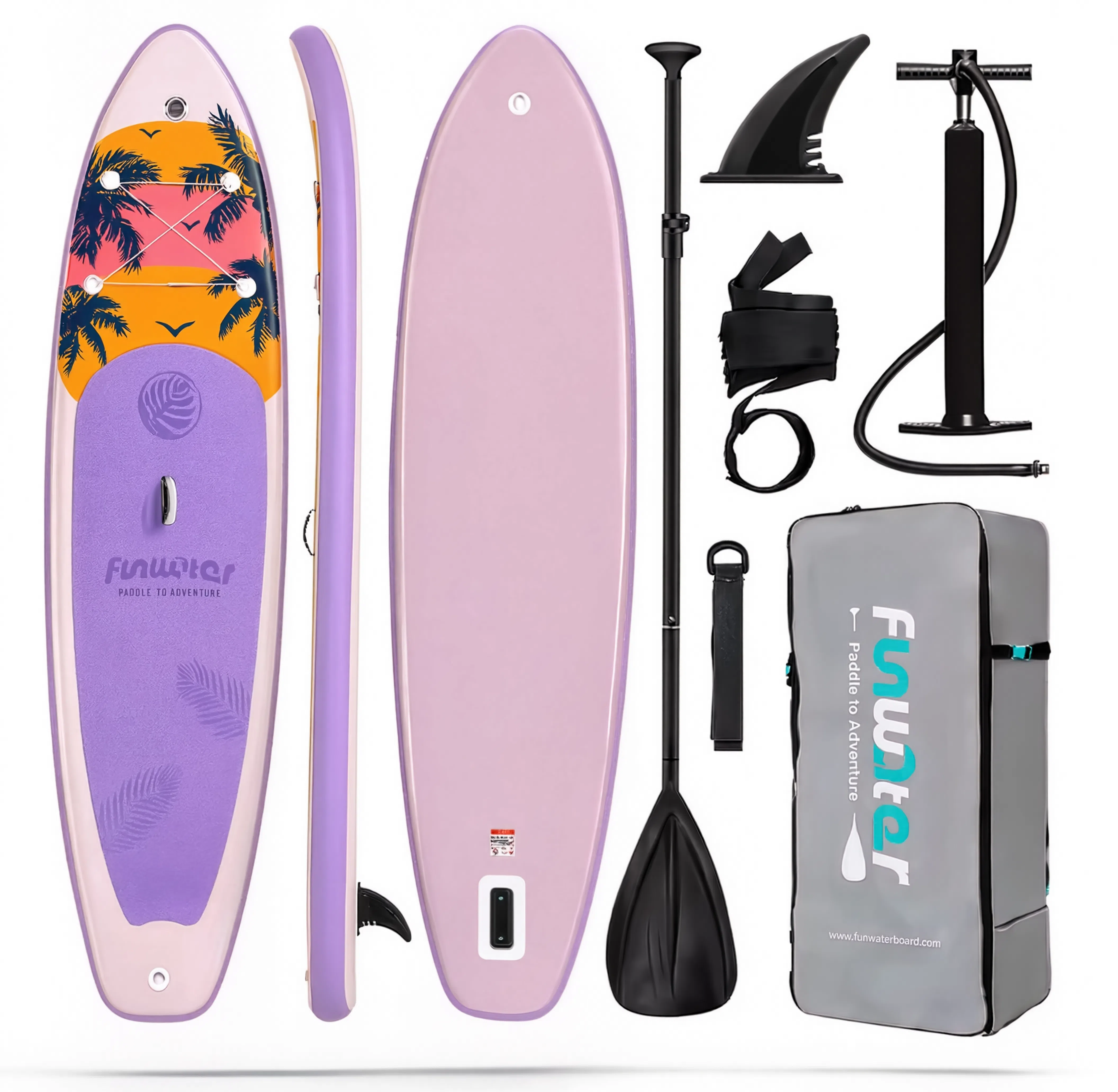 Pack paddle gonflable Nautiya Sunset rose : planche, pagaie, pompe, leash, sac