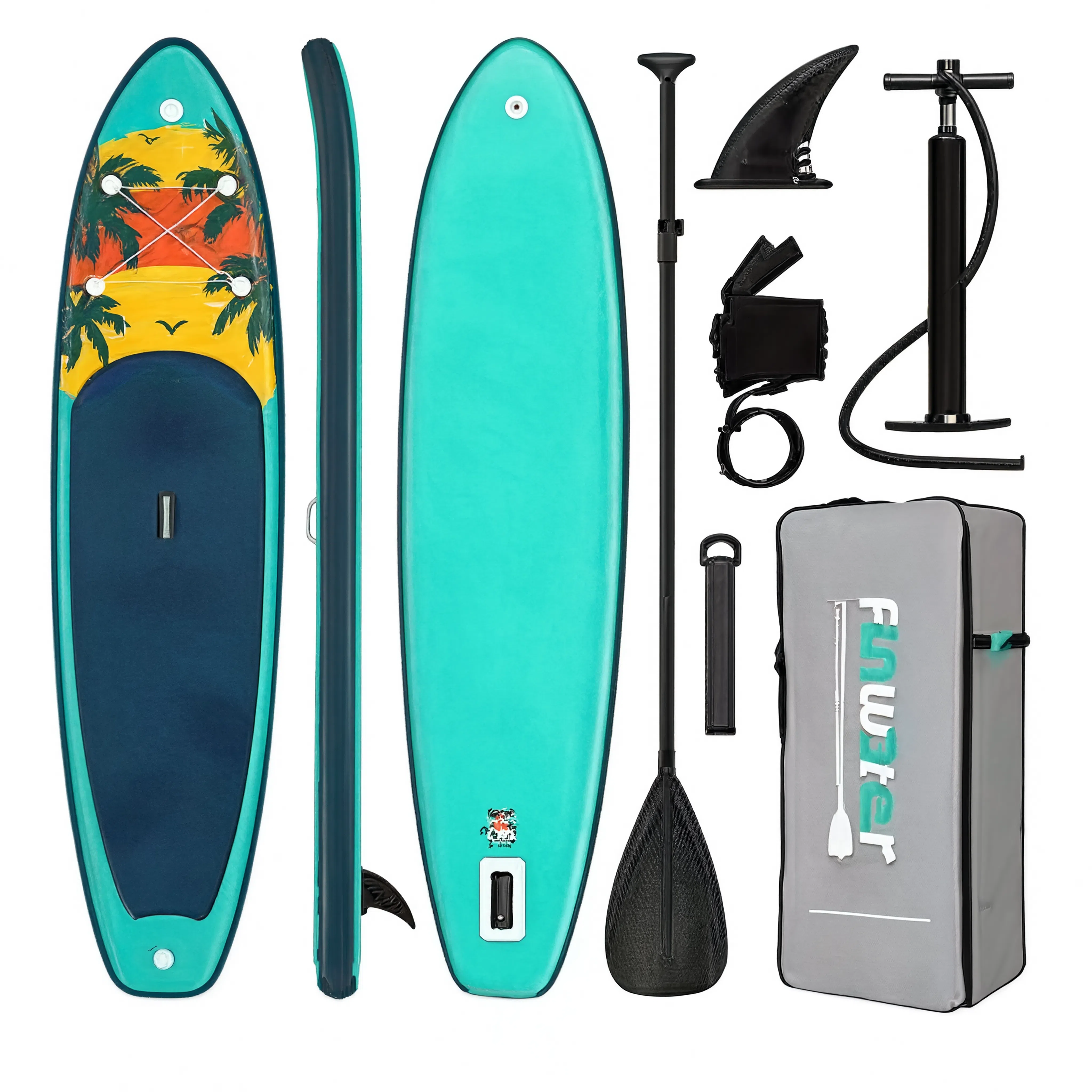 Pack paddle gonflable Nautiya Sunset turquoise : planche, pagaie, pompe, leash, sac