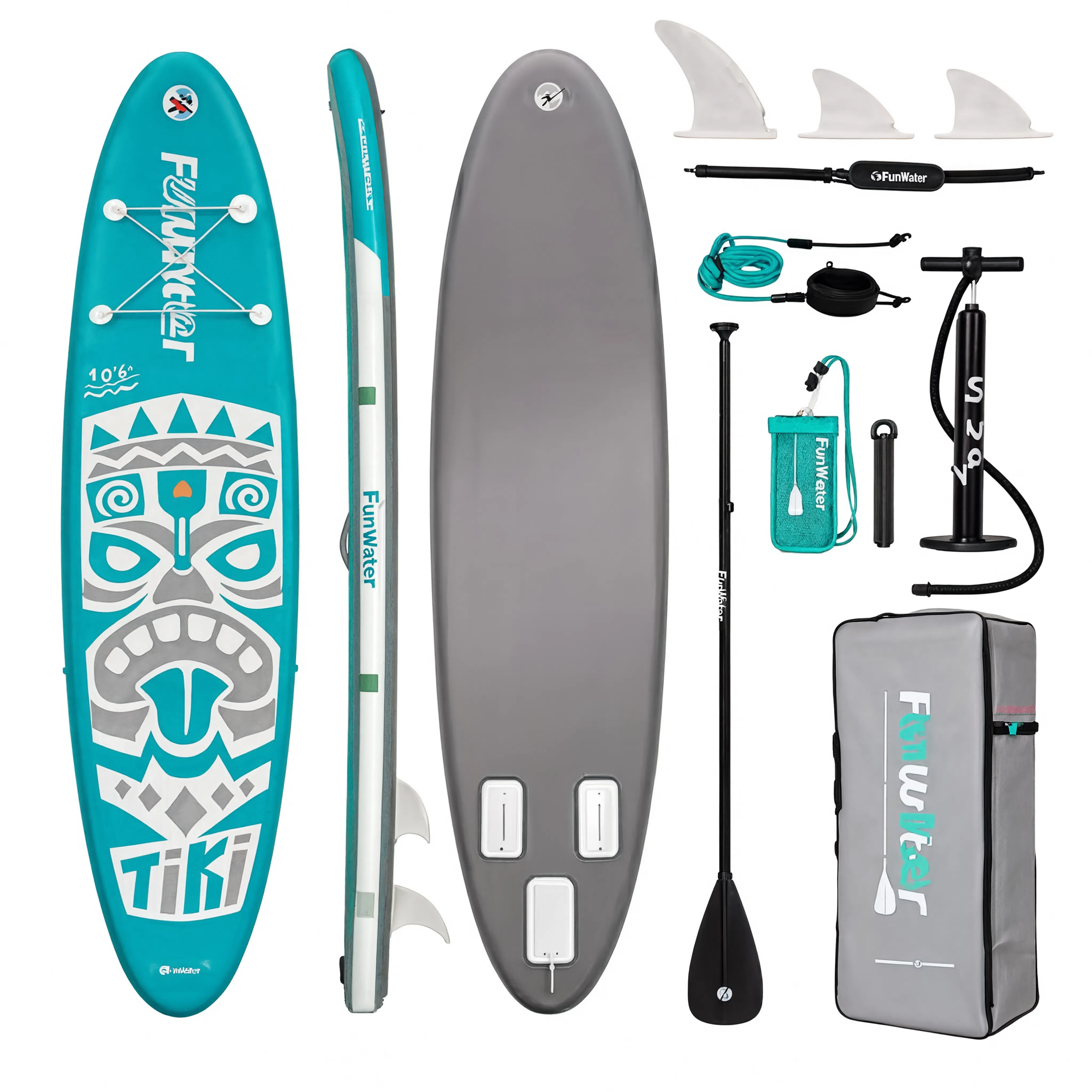 Pack paddle gonflable Nautiya Tiki turquoise : planche, pagaie, pompe, leash, sac