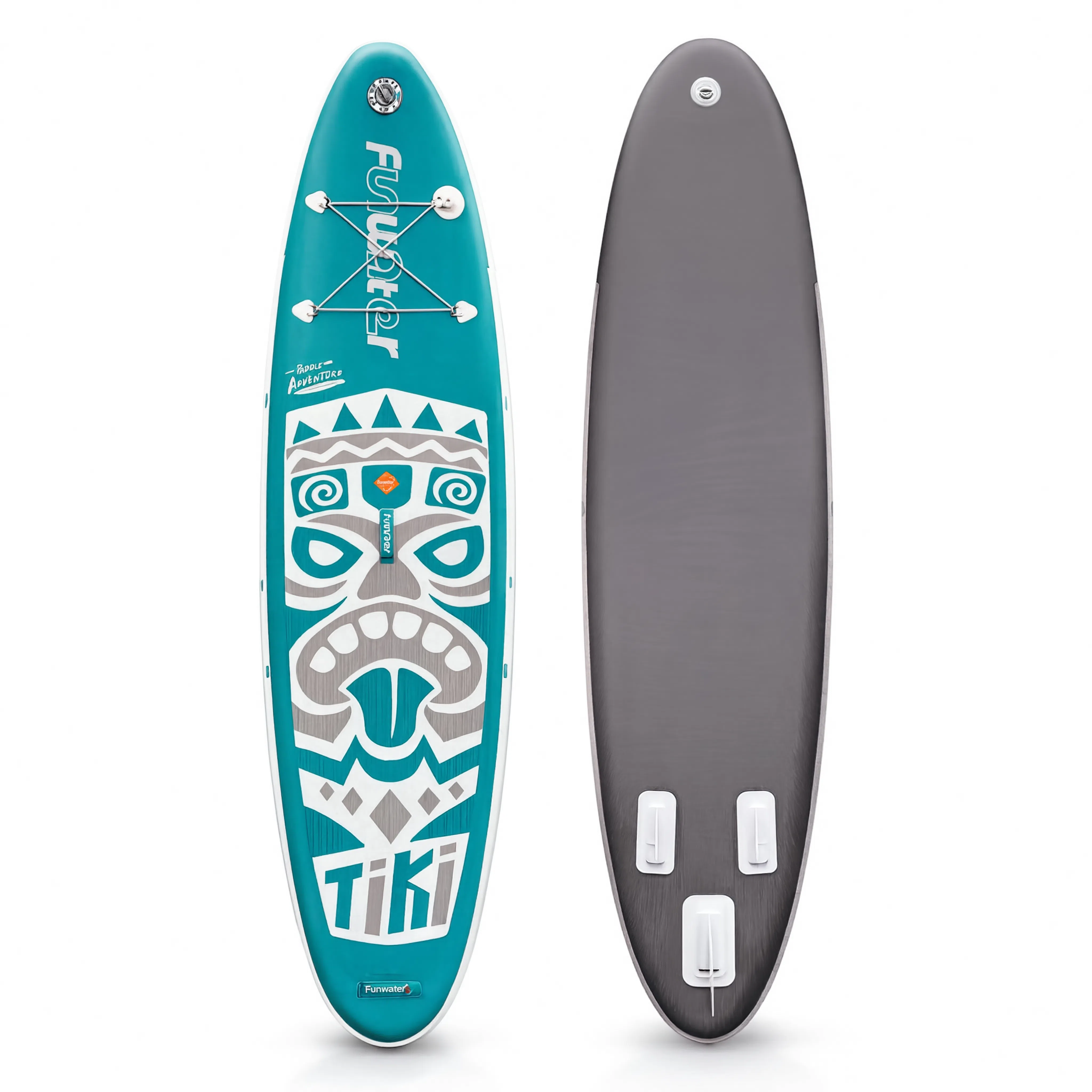Paddle gonflable Nautiya Tiki turquoise, vue produit dessus et dessous
