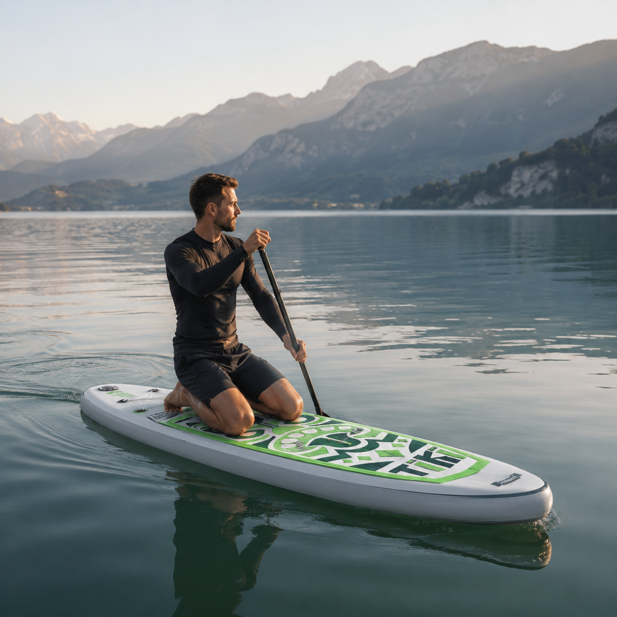 Paddle gonflable Nautiya Tiki vert, sur un lac