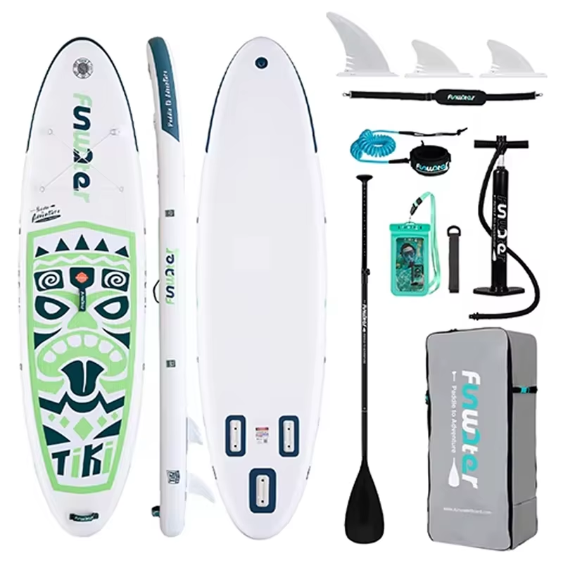 Pack paddle gonflable Nautiya Tiki vert : planche, pagaie, pompe, leash, sac