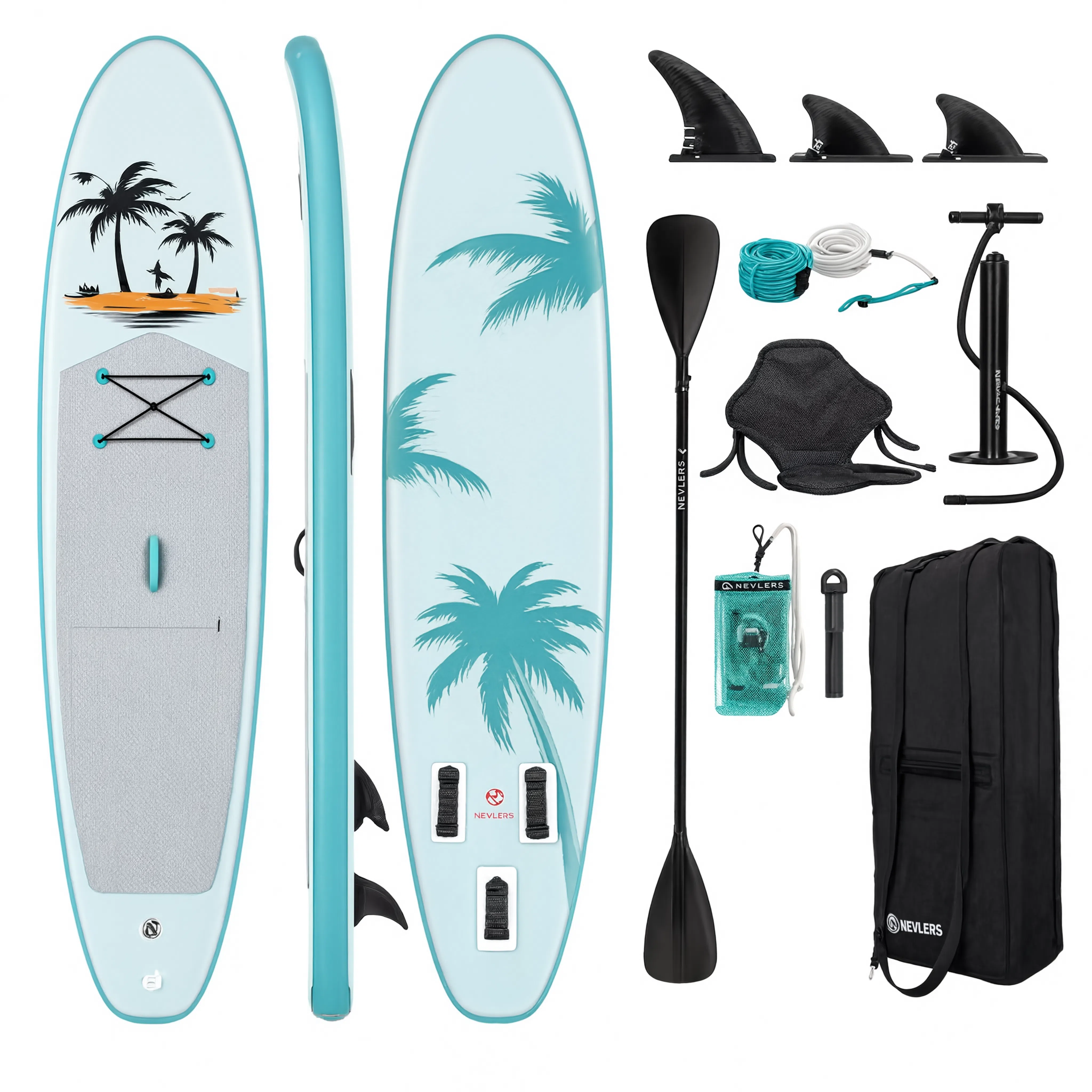 Pack paddle gonflable Nautiya Tropical bleu ciel : planche, pagaie, pompe, leash, sac de transport