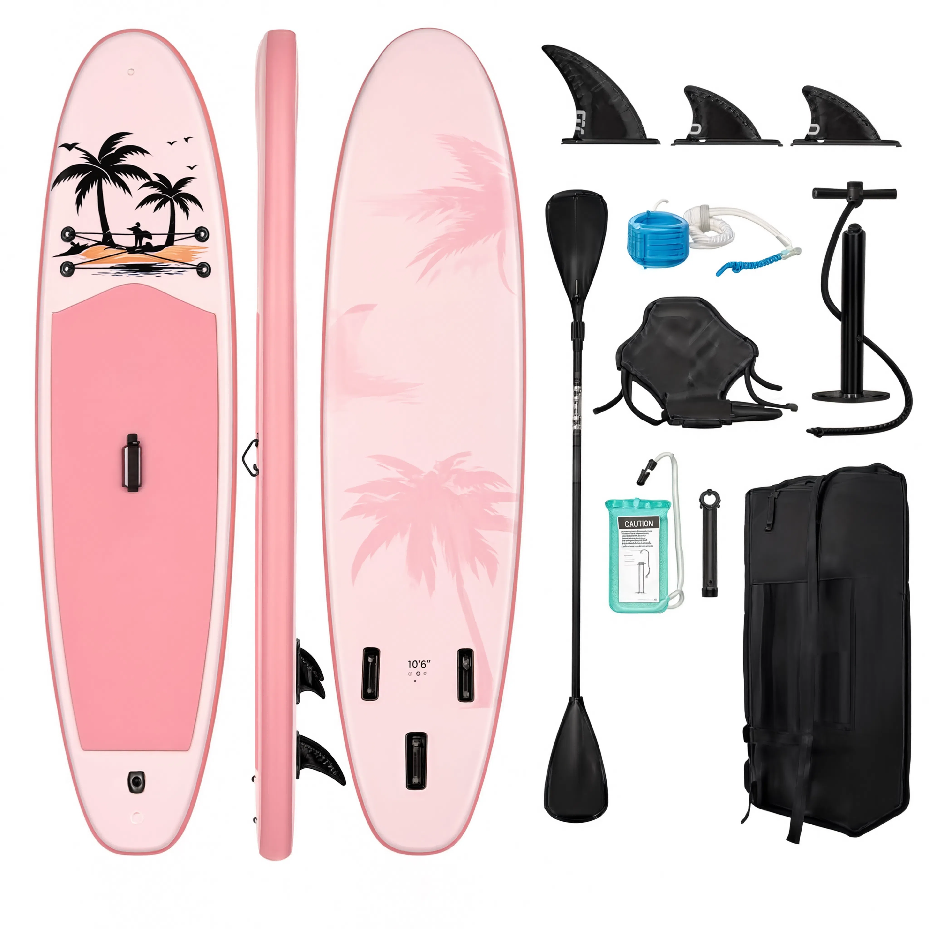 Pack paddle gonflable Nautiya Tropical rose : planche, pagaie, pompe, leash, sac de transport