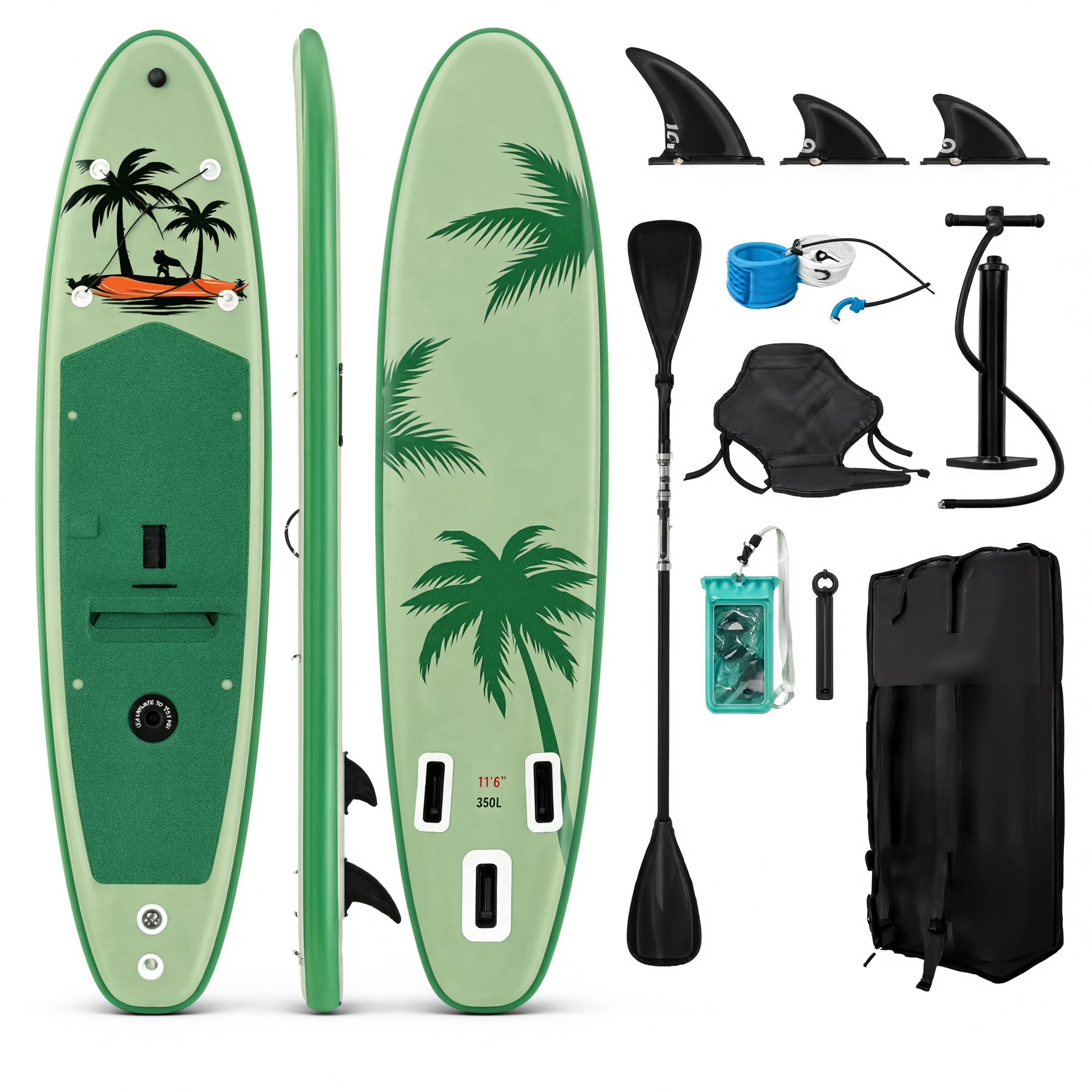Pack paddle gonflable Nautiya Tropical vert : planche, pagaie, pompe, leash, sac de transport