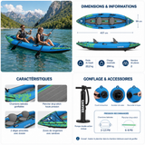Schéma des dimensions du kayak gonflable Duo bleu 2 places – Nautiya