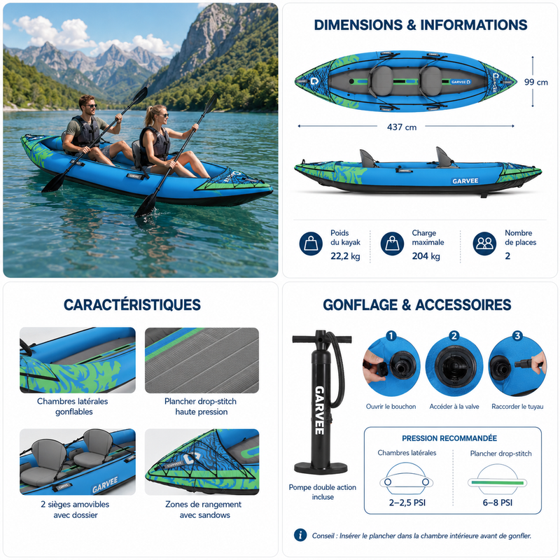Schéma des dimensions du kayak gonflable Duo bleu 2 places – Nautiya