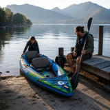 Kayak gonflable Duo bleu 2 places au bord d'un lac – Nautiya