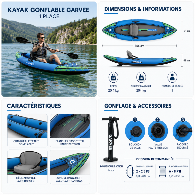 Schéma des dimensions du kayak gonflable Solo 1 place – Nautiya