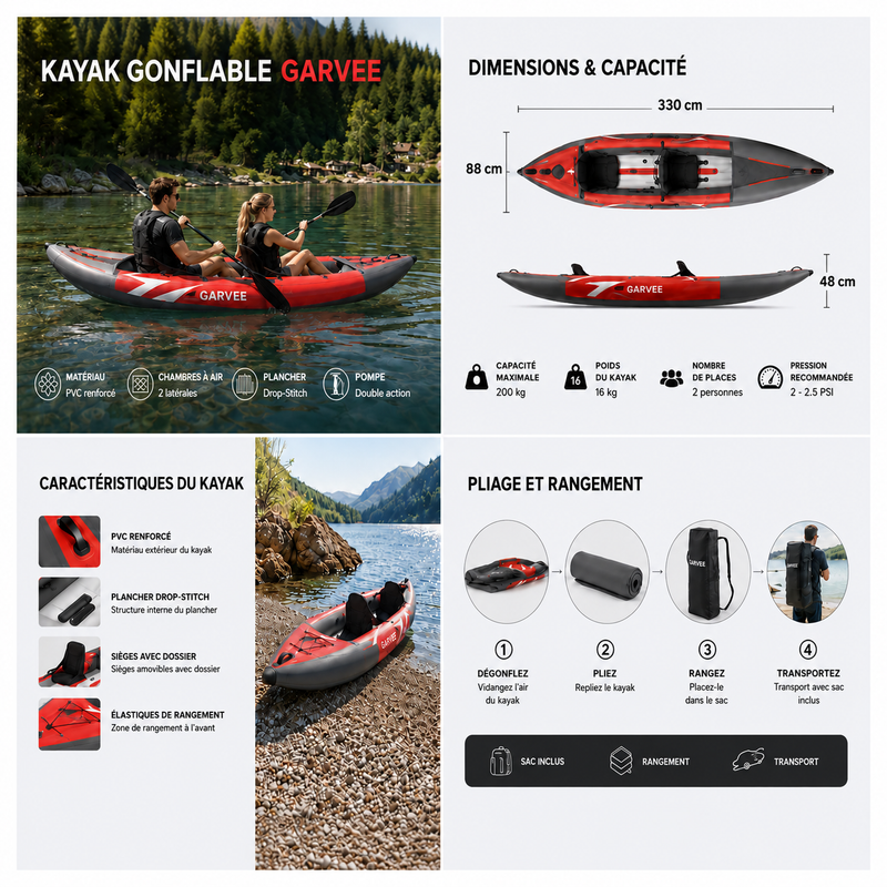 Schéma des dimensions du kayak gonflable Duo rouge 2 places – Nautiya