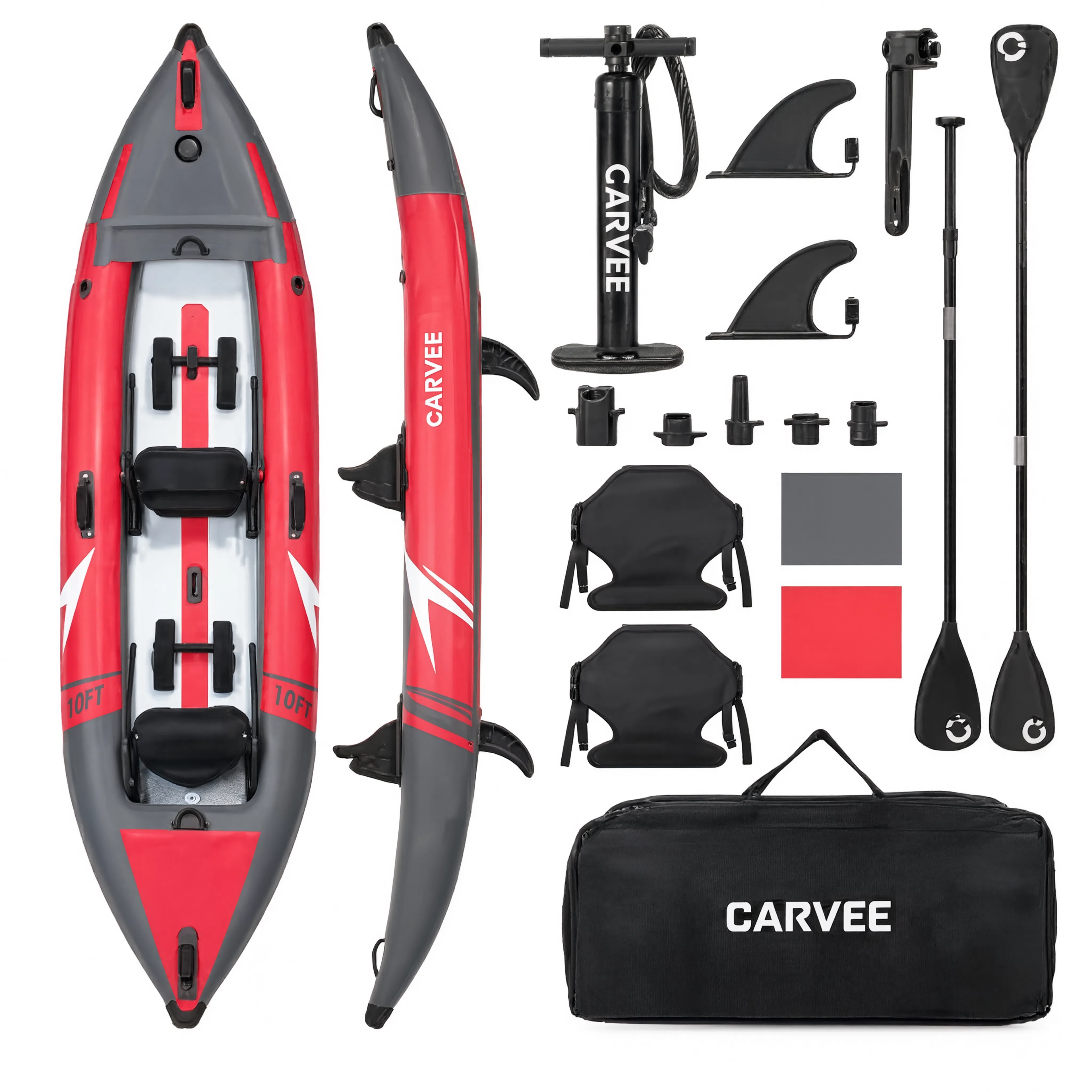 Pack kayak gonflable Nautiya Duo rouge : kayak, 2 pagaies, 2 sièges, pompe, sac