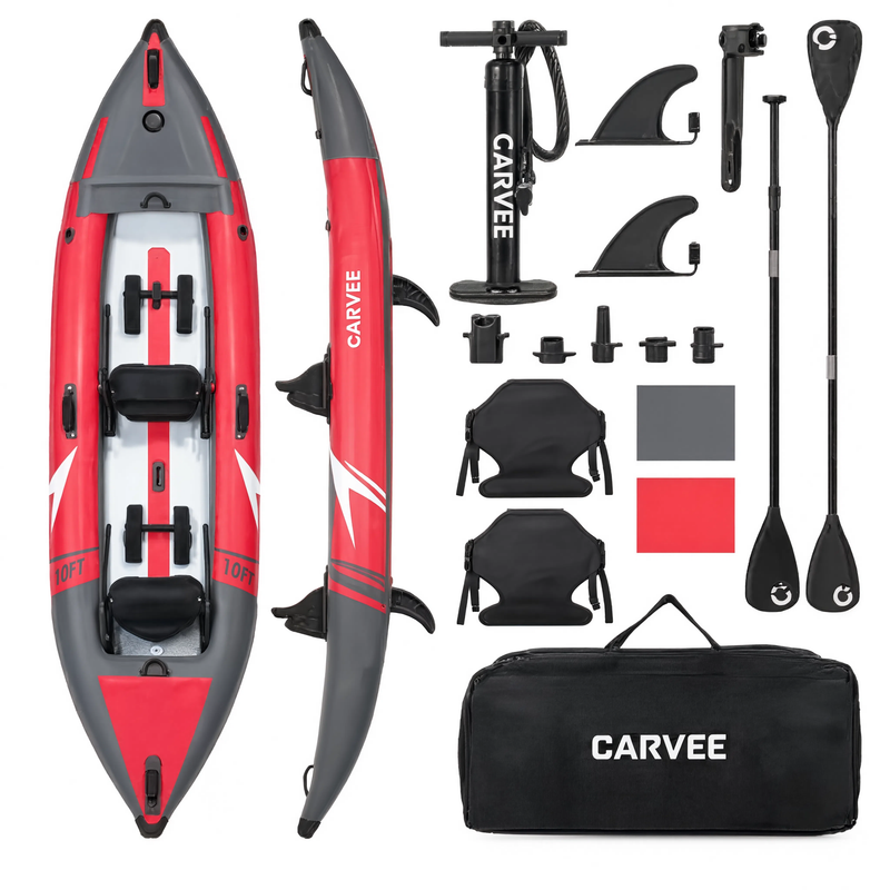 Pack kayak gonflable Duo rouge 2 places : 2 pagaies, 2 sièges, pompe, sac – Nautiya