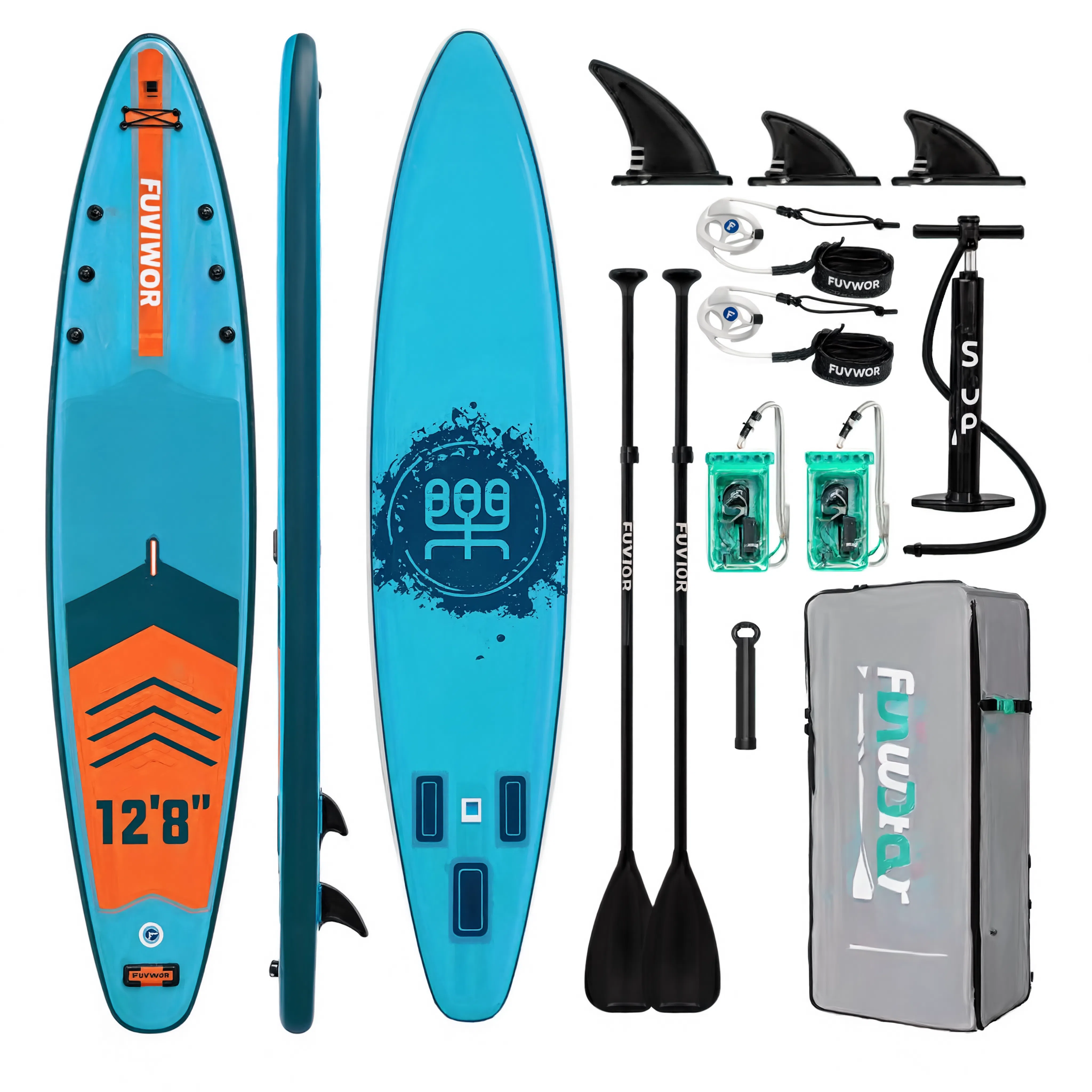 Pack paddle gonflable Nautiya Pro bleu : planche, 2 pagaies, 2 leash, pompe, sac de transport