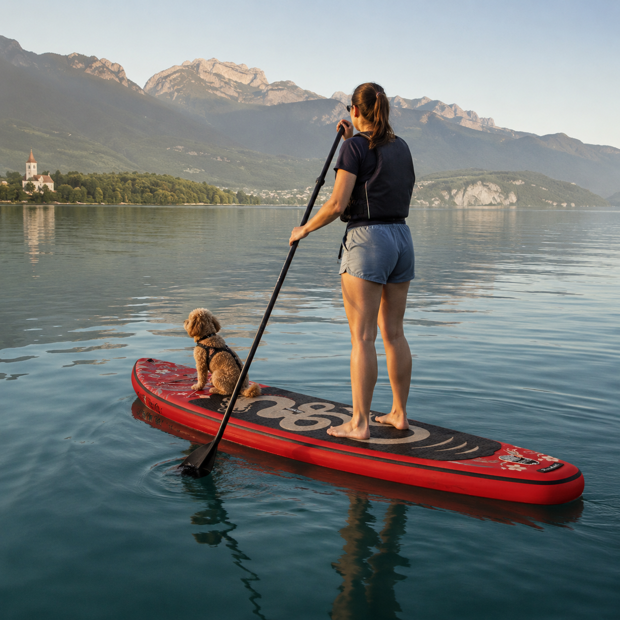 Paddle gonflable Nautiya Dragon, sur un lac avec un chien